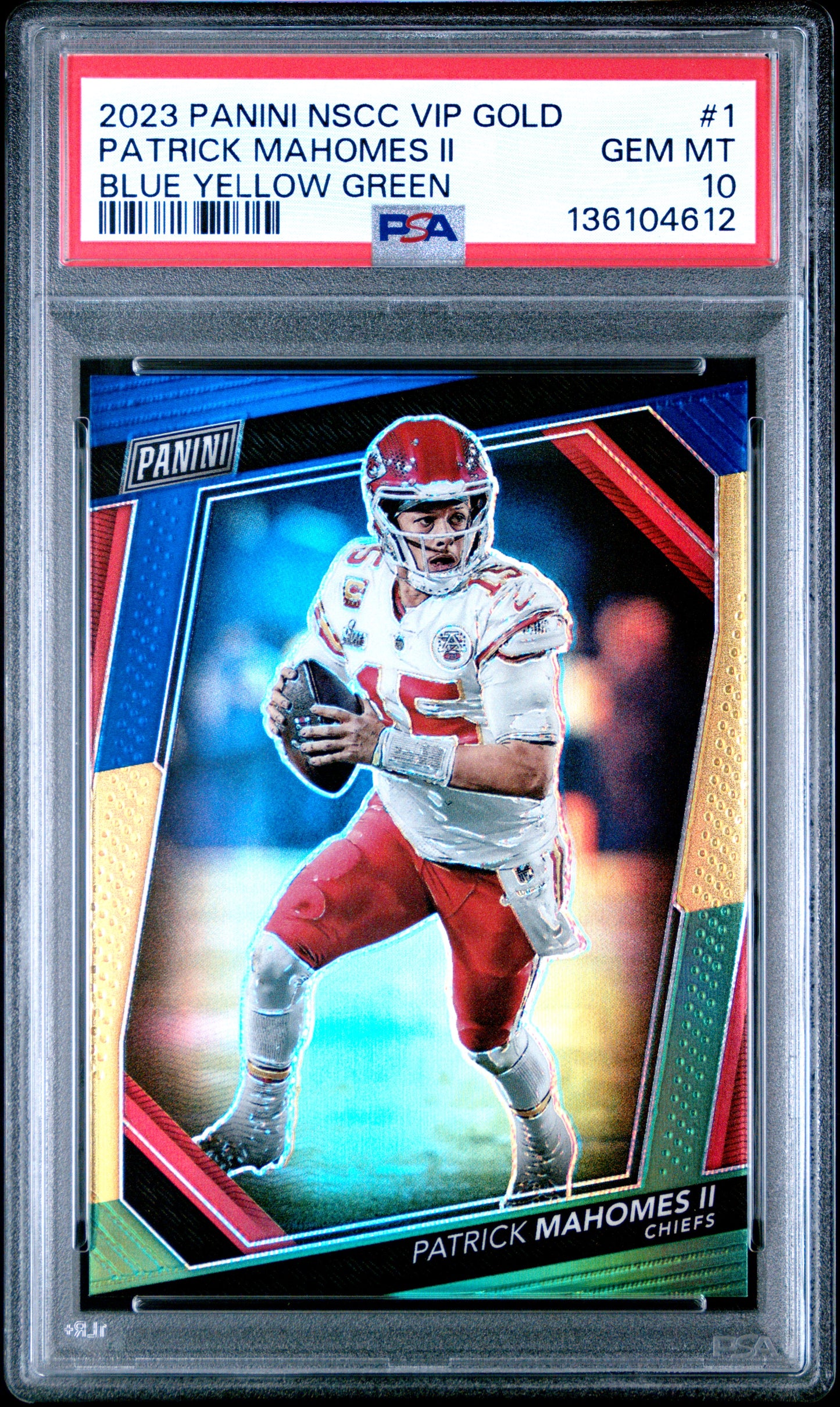 Patrick Mahomes 2023 Panini NSCC VIP Gold Blue Yellow Green #15/25 PSA 10 Gem Mint