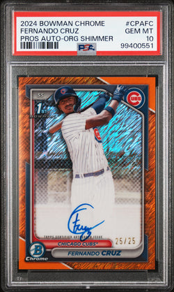 Fernando Cruz 2024 Bowman Chrome Orange Shimmer Auto #25/25 PSA 10 Gem Mint