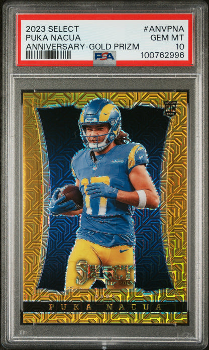 Puka Nakua 2023 Panini Select Anniversary Gold Prizm #7/10 PSA 10 Gem Mint