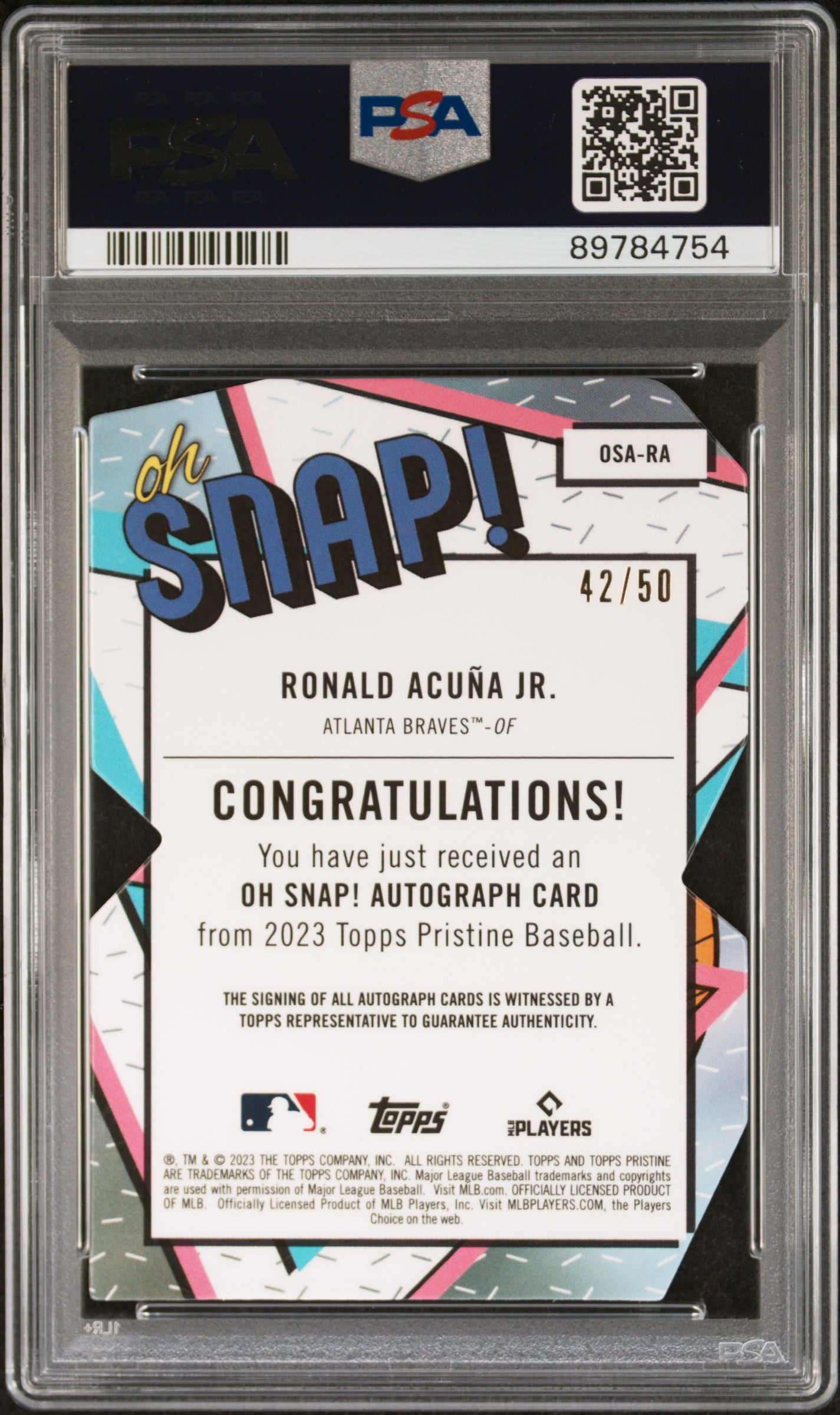 Ronald Acuna Jr. 2023 Topps Pristine On Snap Gold Auto #42/50 PSA 9 Auto 10