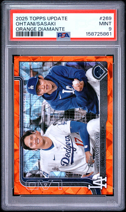 Shohei Ohtani/Roki Sasaki 2025 Topps Update #269 Orange Diamante #25/25 PSA 9 Mint