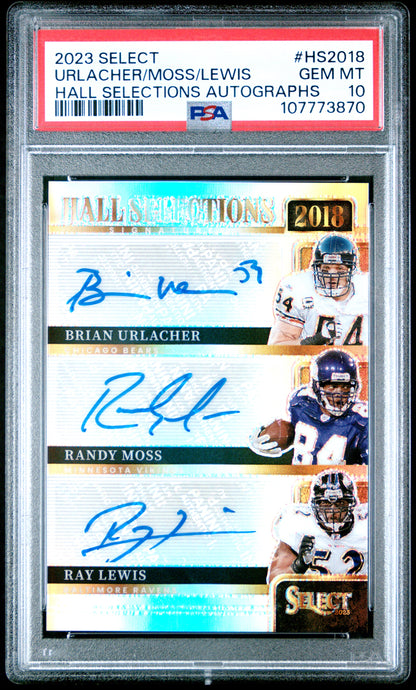 Brian Urlacher + Randy Moss + Ray Lewis 2023 Select Hall Selections Auto PSA 10 Gem Mint