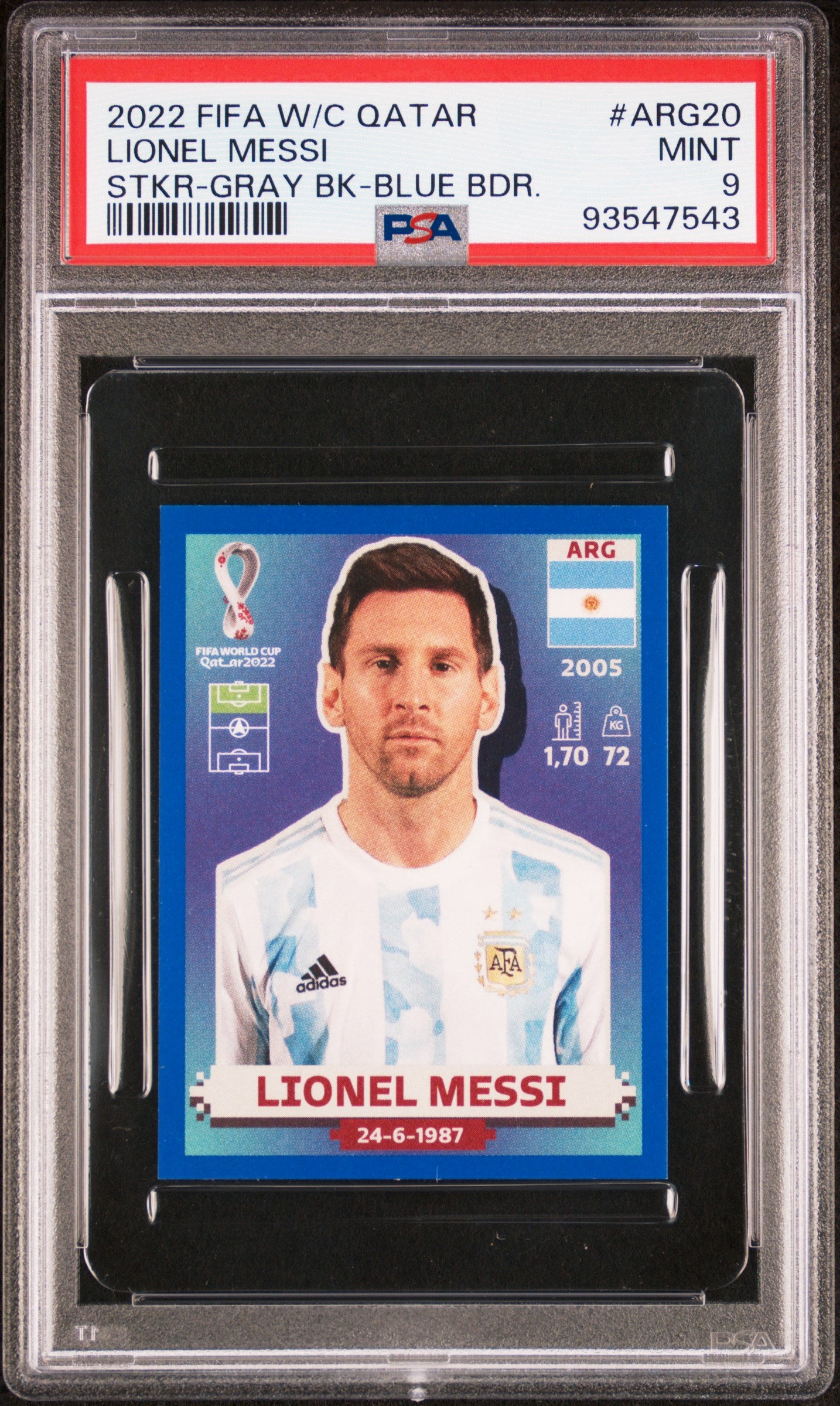 Lionel Messi 2022 Panini Fifa World Cup Qatar Grey Back Blue Border Sticker PSA 9 Mint