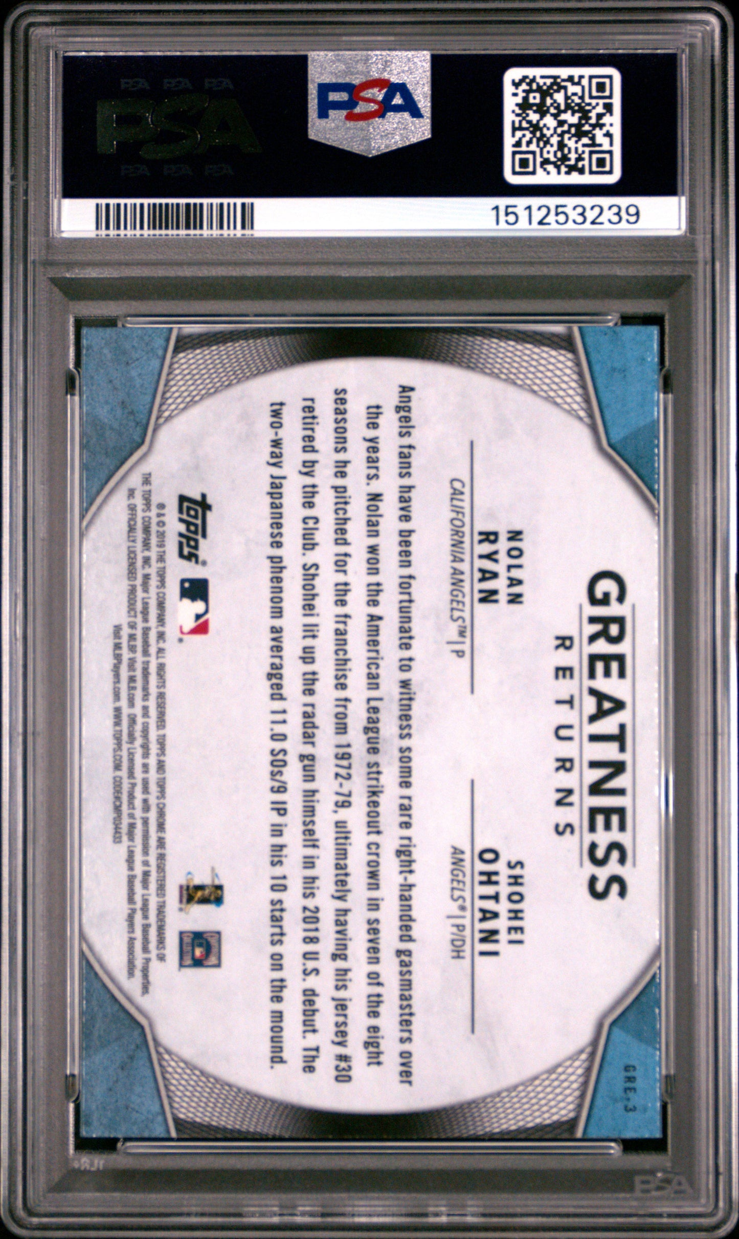 Shohei Ohtani + Nolan Ryan 2019 Topps Chrome Greatness Returns PSA 10 Gem Mint 3239