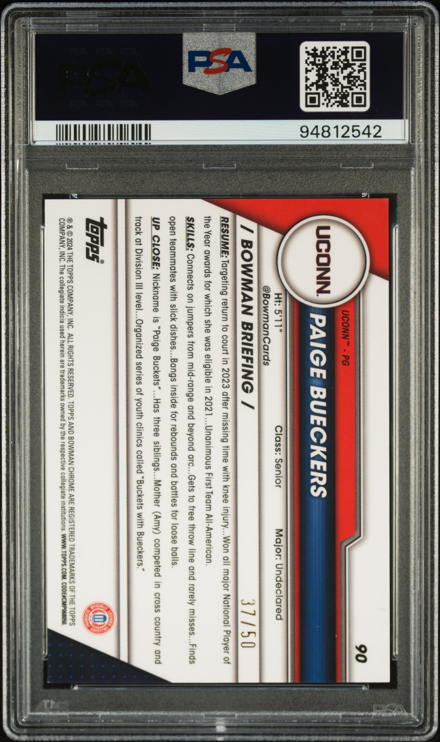 Paige Bueckers 2023 Bowman Chrome U Gold Refractor #37/50 PSA 10 Gem Mint