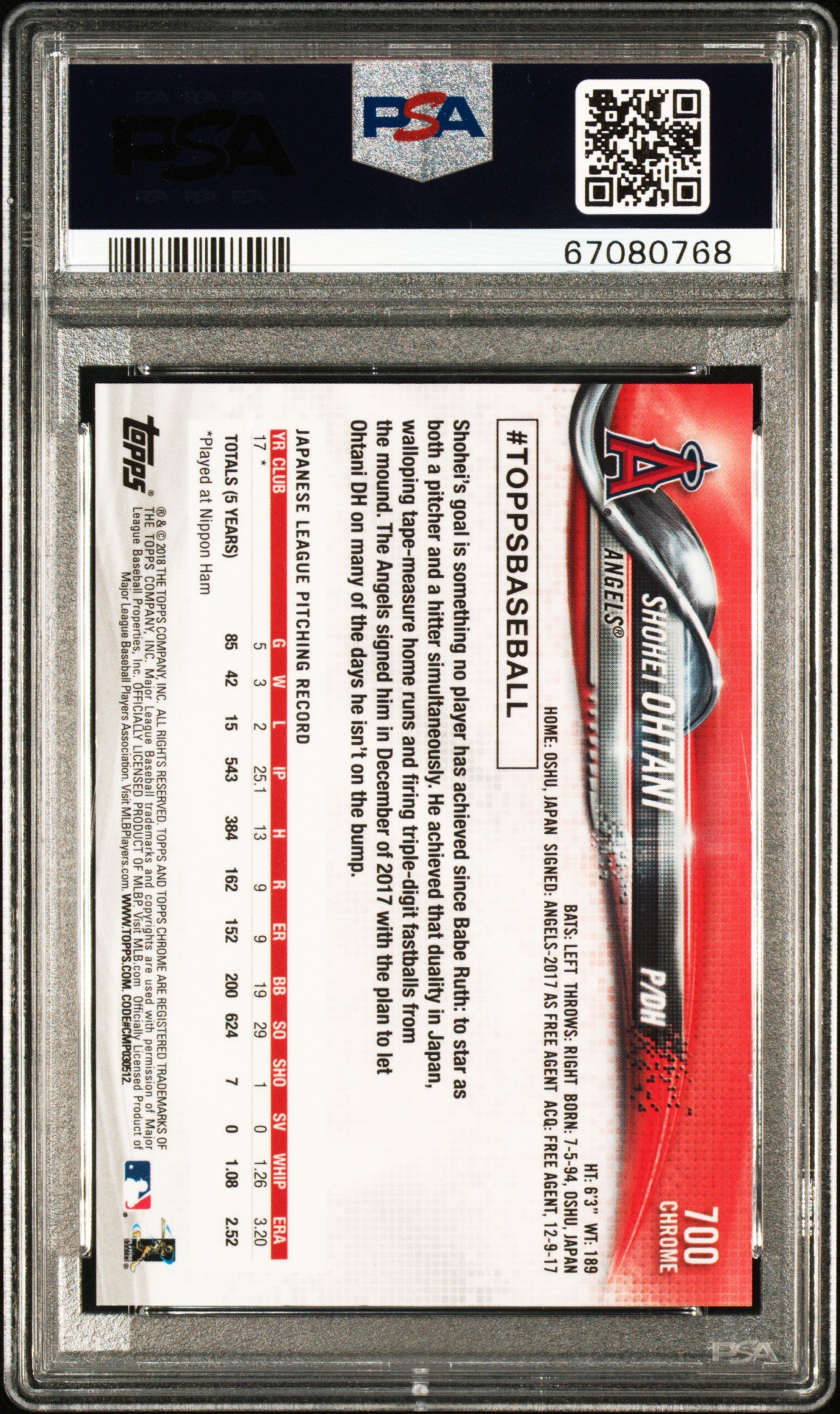 Shohei Ohtani 2018 Topps Sapphire Rookie #700 PSA 10 Gem Mint