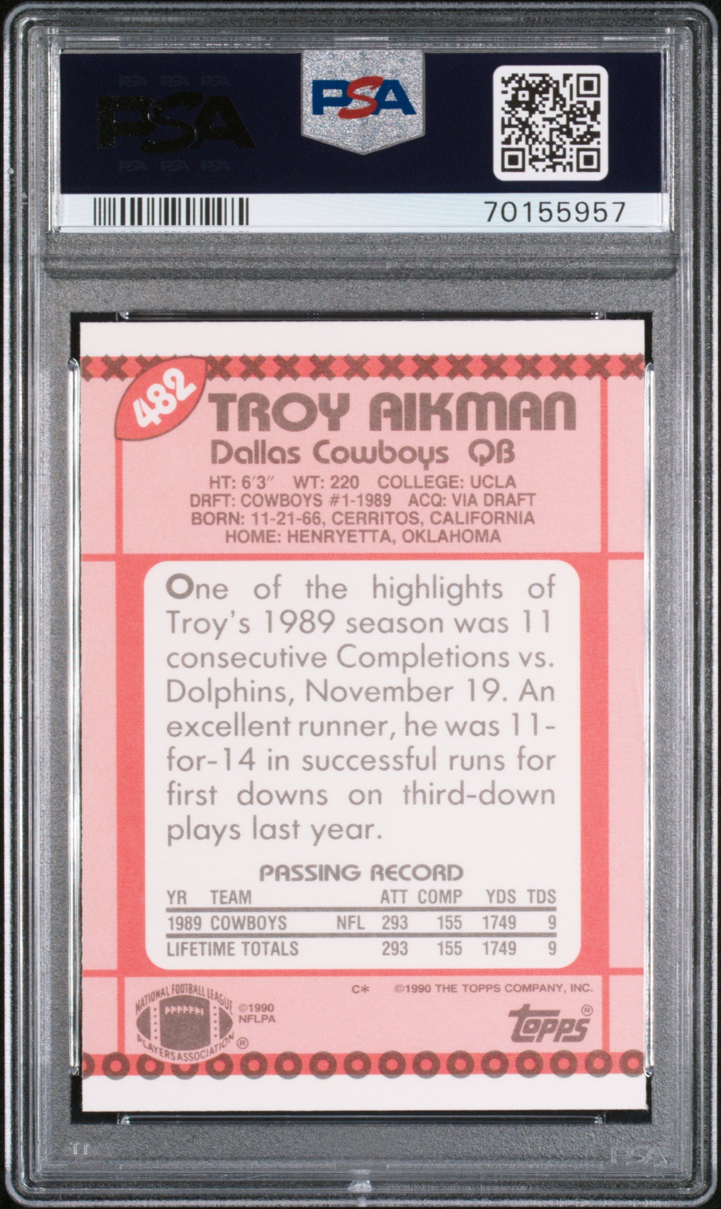 Troy Aikman 1990 Topps Tiffany #482 PSA 10 Gem Mint – Three Stars