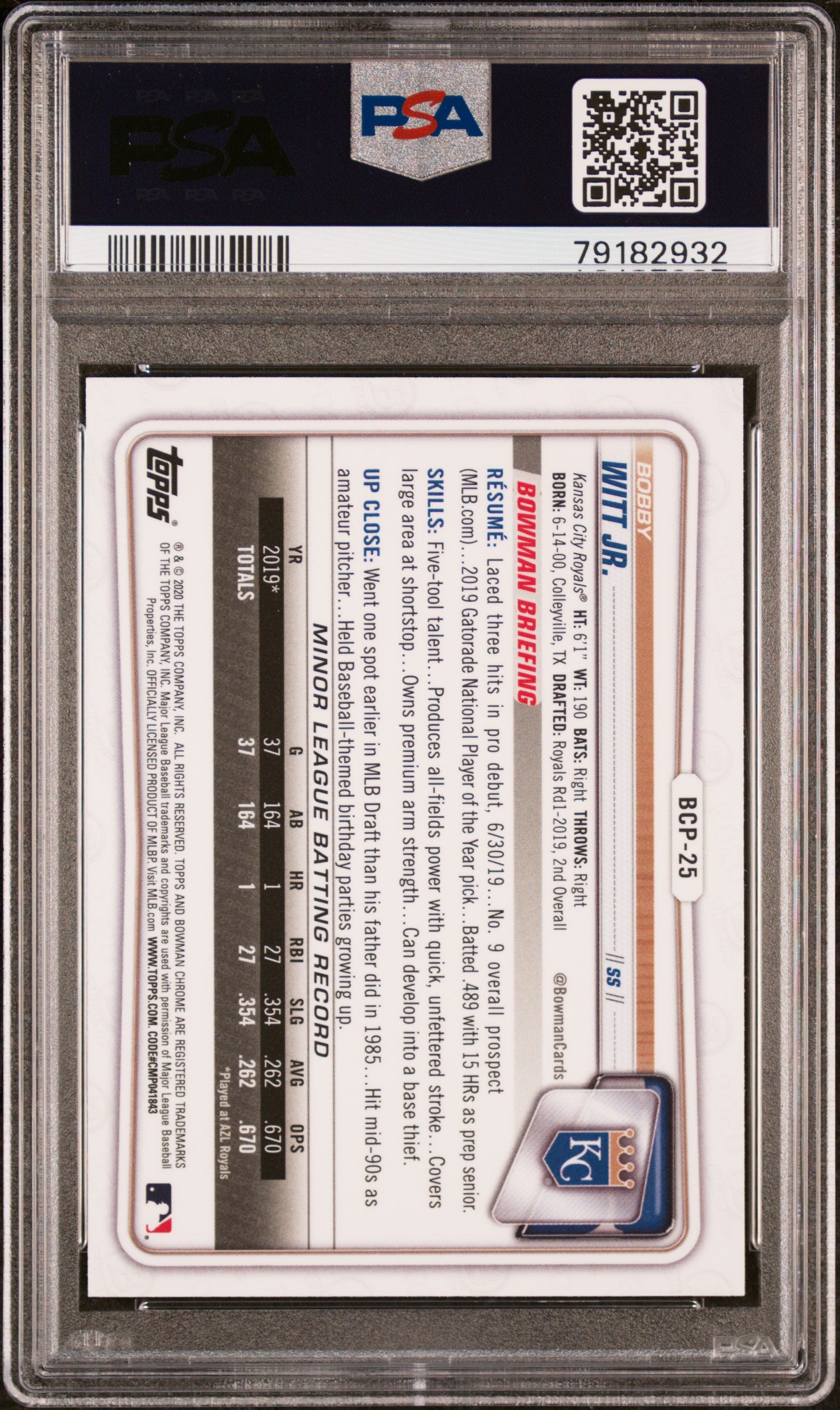 Bobby Witt Jr. 2020 Bowman Chrome Sapphire #BCP25 PSA 9 Mint