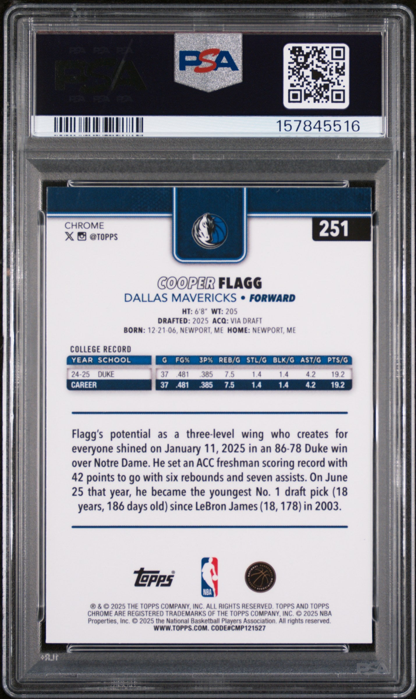 Cooper Flagg 2025 Topps Chrome Basketball #251 Basketball Refractor PSA 8 Nm-Mint