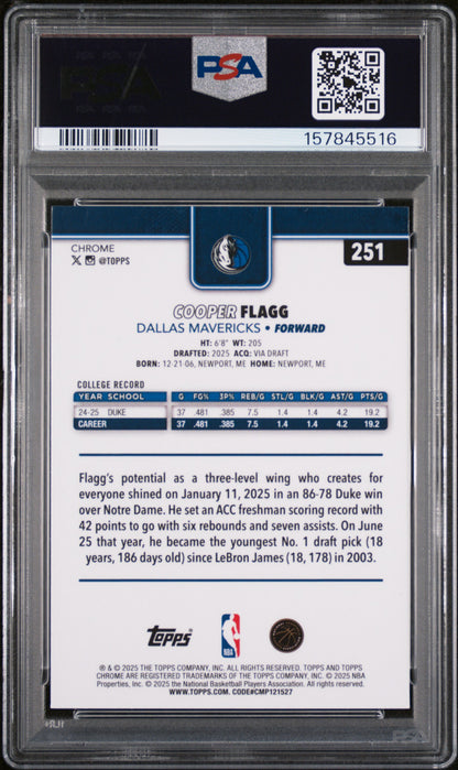 Cooper Flagg 2025 Topps Chrome Basketball #251 Basketball Refractor PSA 8 Nm-Mint