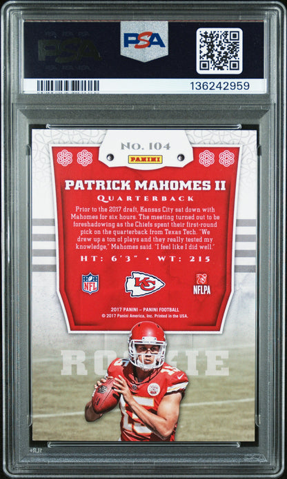 Patrick Mahomes 2017 Panini Rookie #104 PSA 9 Mint 2959