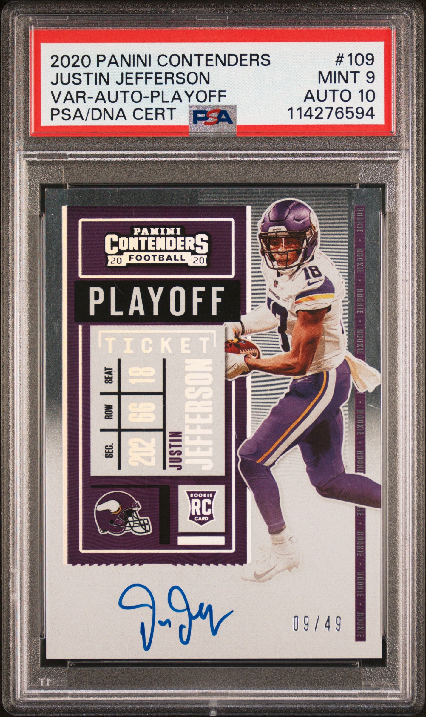 Justin Jefferson 2020 Panini Contenders Playoff Auto #9/49 PSA 9 Auto 10