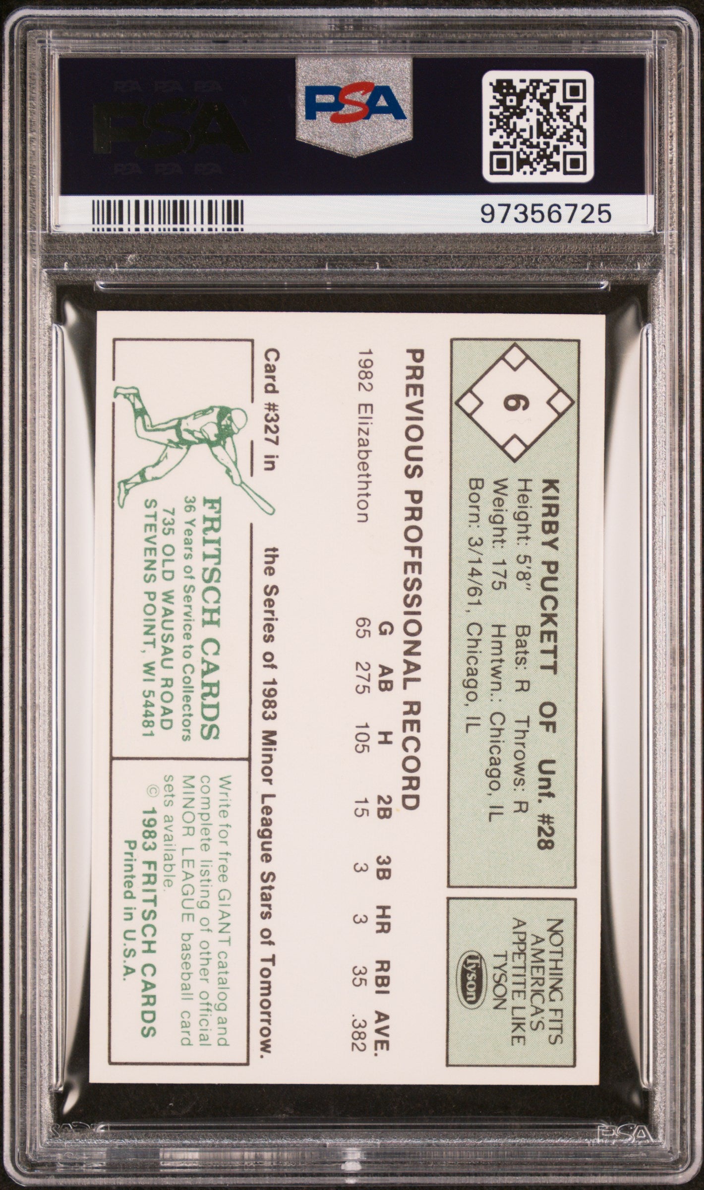 Kirby Puckett 1983 Fritsch Visalia Oaks PSA 9 Mint