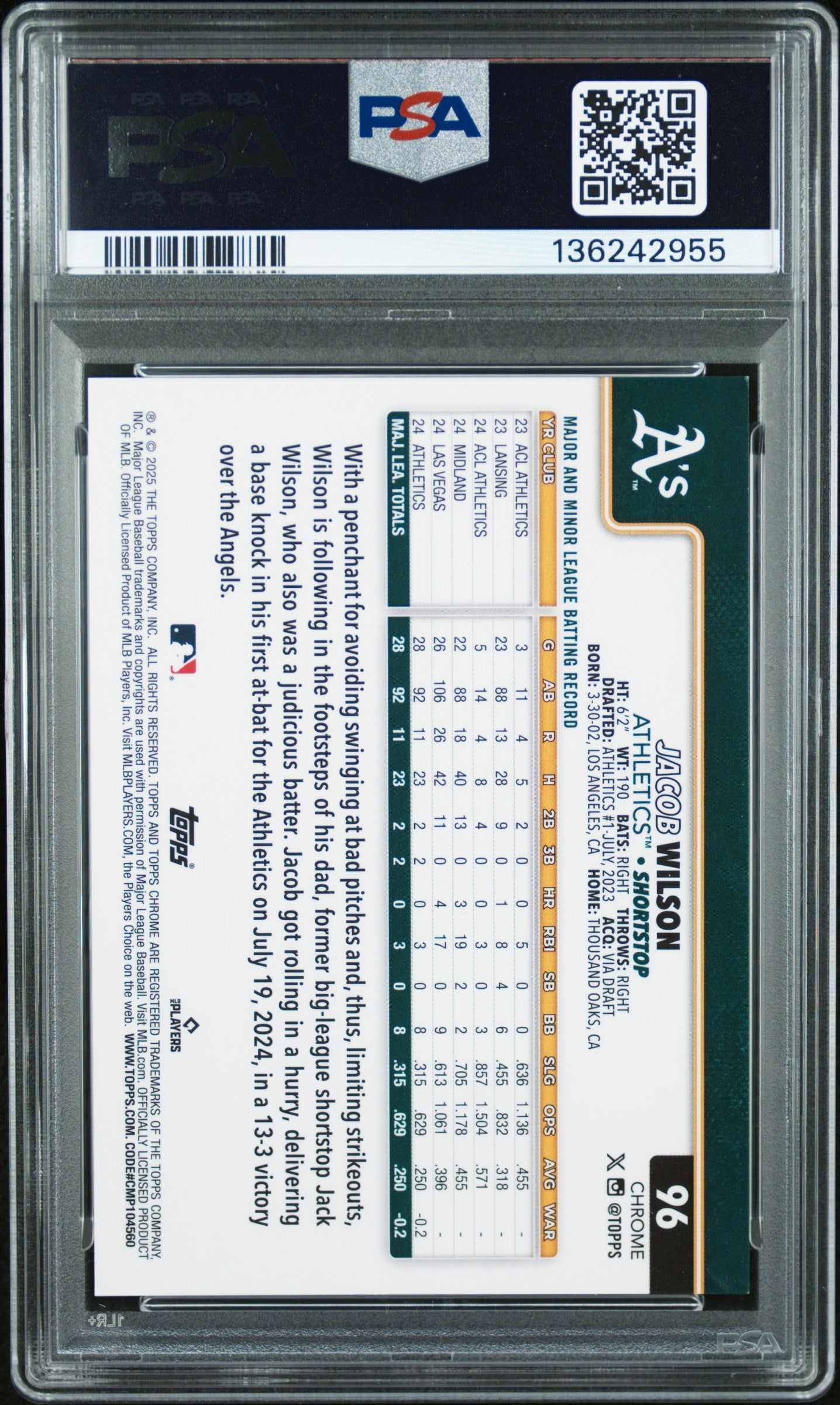 Jacob Wilson 2025 Topps Chrome #98 Gold Speckle Variation PSA 9 Mint