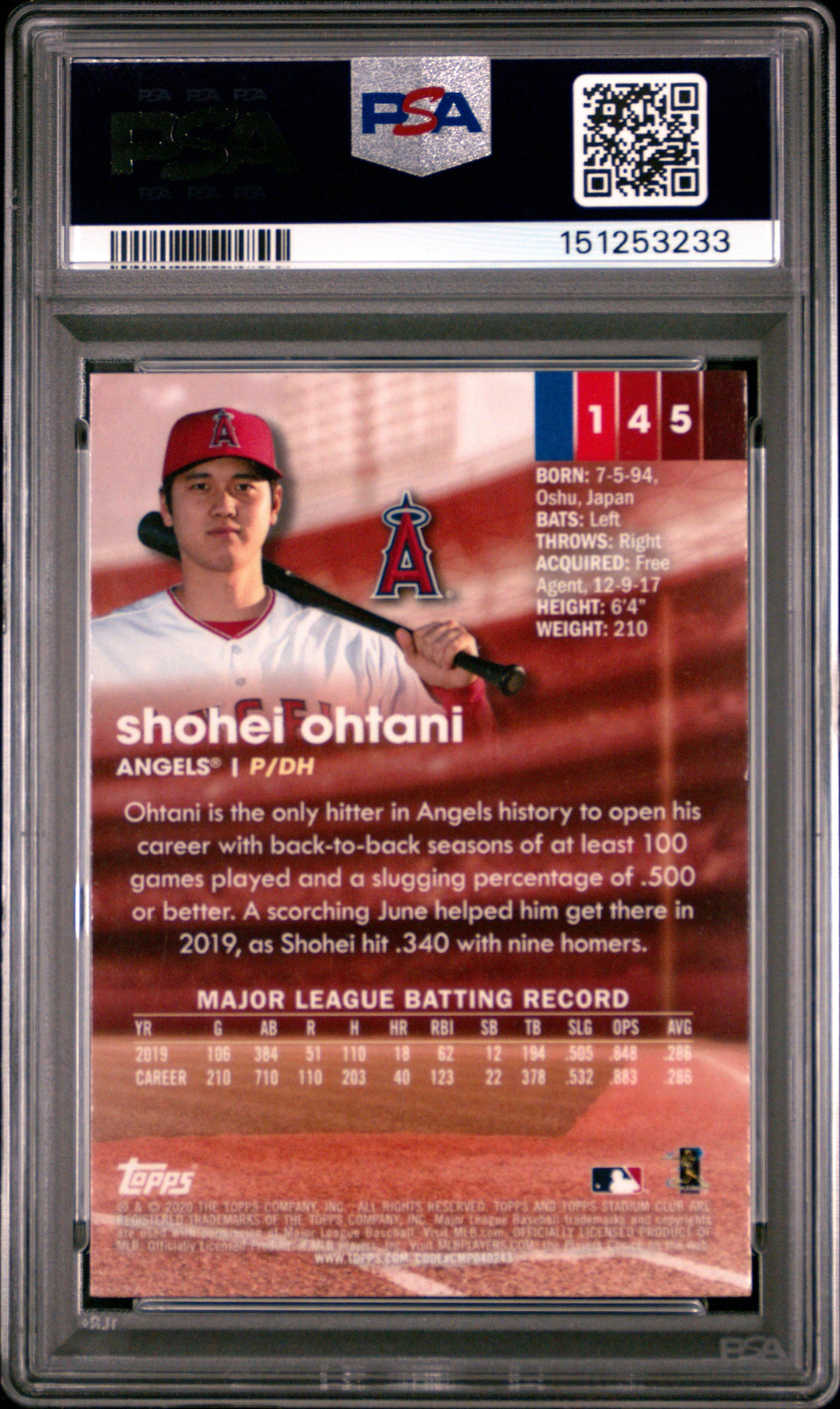 Shohei Ohtani 2020 Topps Stadium Club Chrome #145 PSA 10 Gem Mint