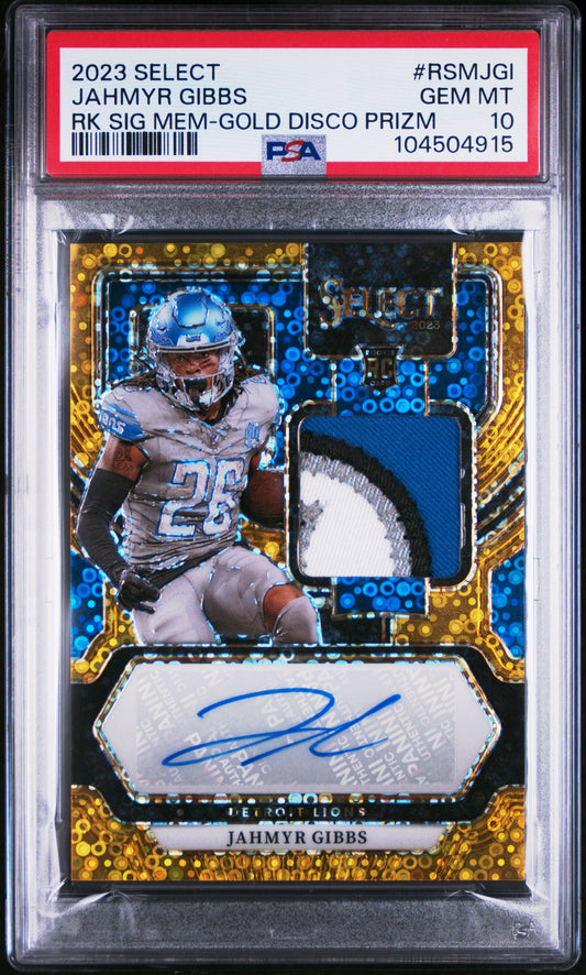 Jahmyr Gibbs 2023 Panini Select Rookie Patch Auto Gold Disco #2/10 PSA 10 Gem Mint