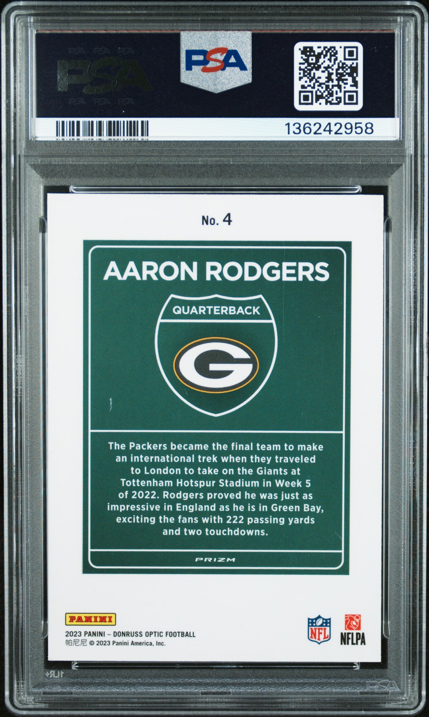 Aaron Rodgers 2023 Donruss Optic International Downtown PSA 8 Nm-Mint