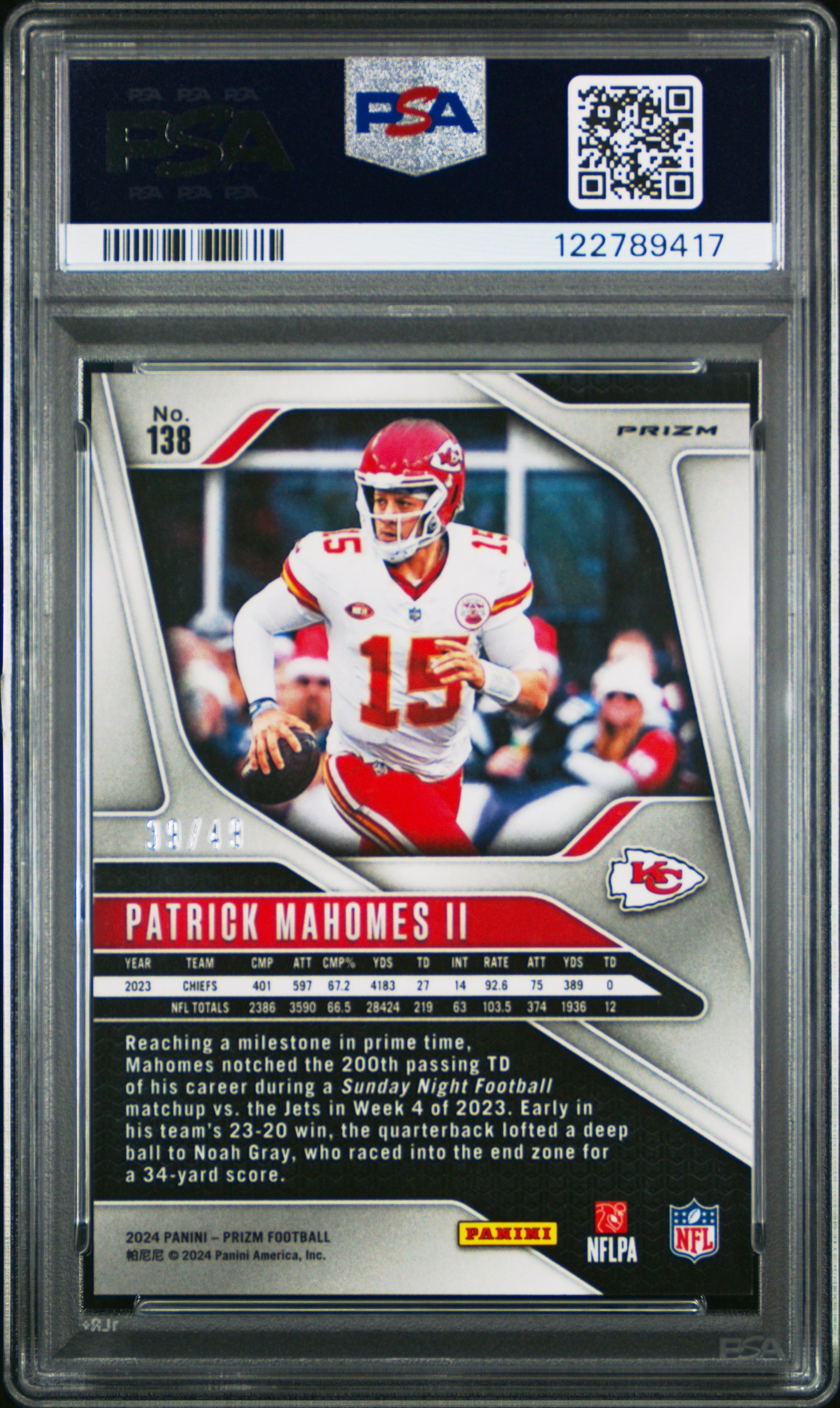 Patrick Mahomes 2024 Panini Prizm #138 No Huddle Purple #39/49 PSA 10 Gem Mint
