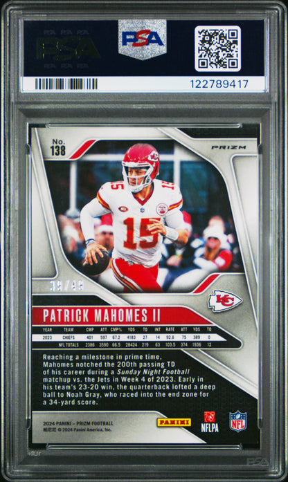 Patrick Mahomes 2024 Panini Prizm #138 No Huddle Purple #39/49 PSA 10 Gem Mint