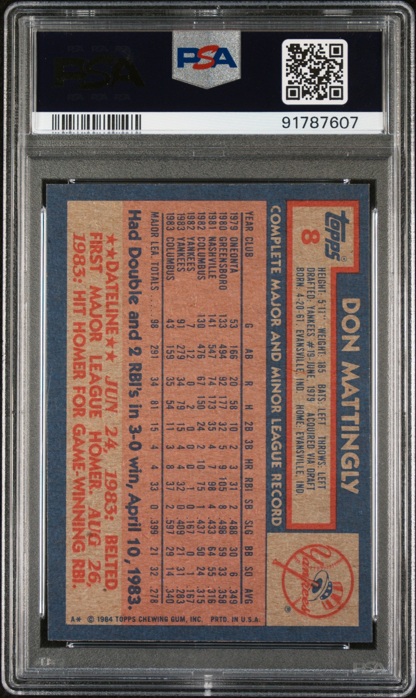 Don Mattingly 1984 TOpps Rookie #8 PSA 9 Mint