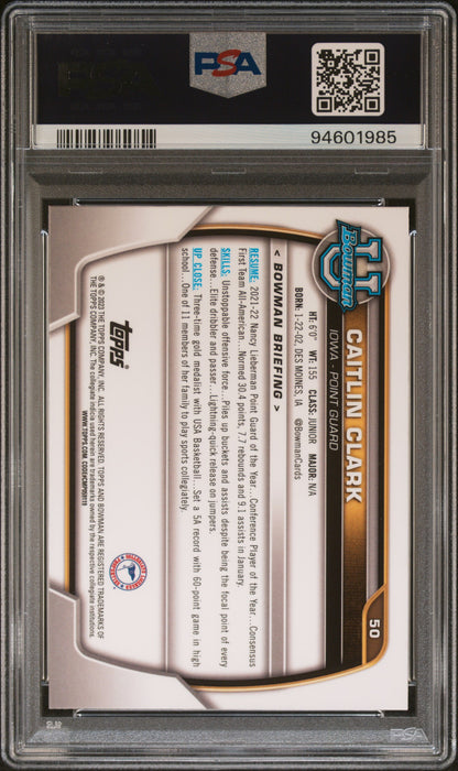 Caitlin Clark 2022 Bowman Chrome University Pink Refractor #50 PSA 10 Gem Mint