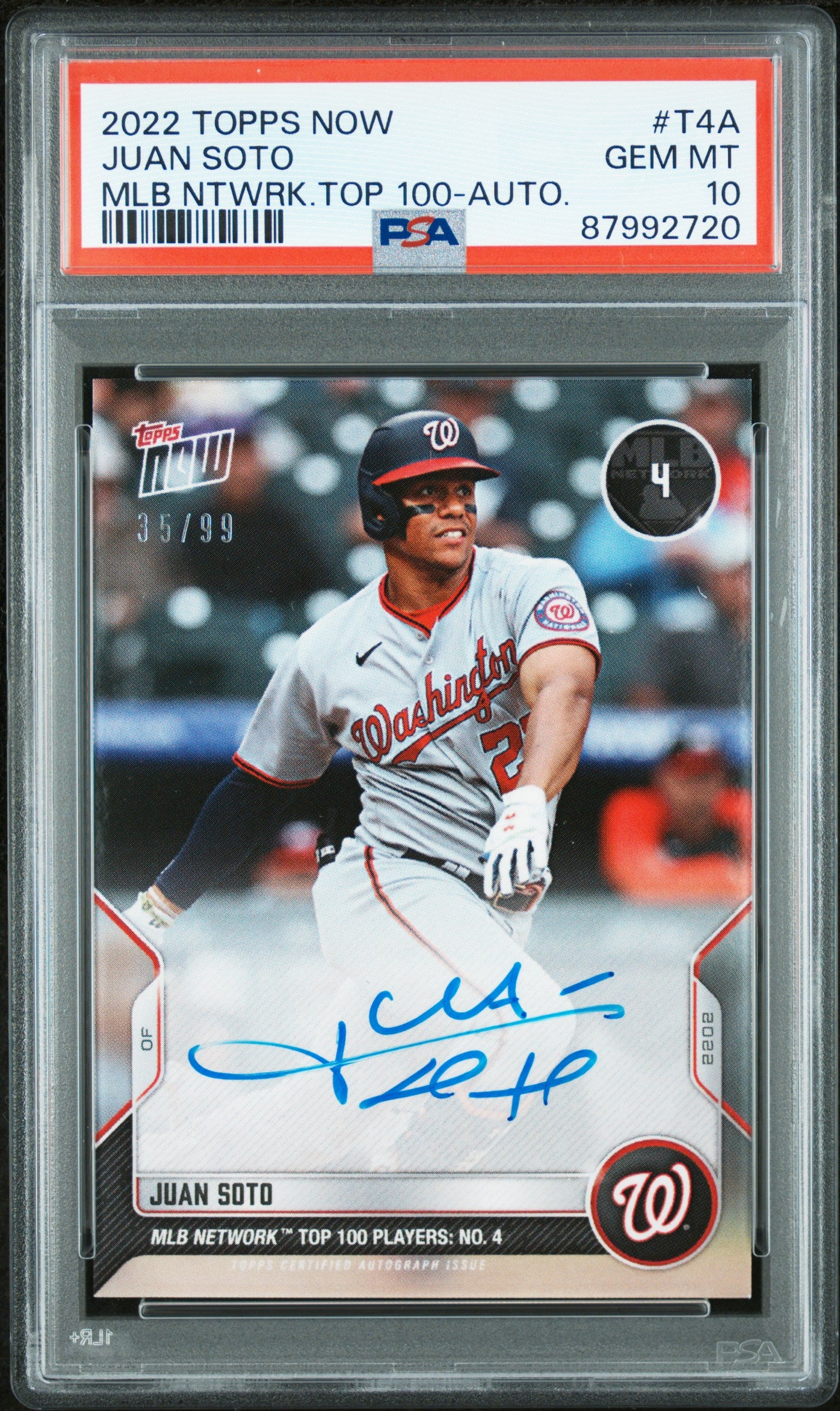 Juan Soto 2022 Topps Now MLB Network Top 199 Auto #T4A PSA 10 Gem Mint
