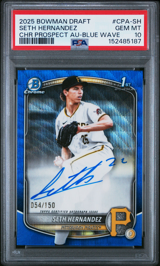 Seth Hernandez 2025 Bowman Draft Blue Wave Auto #54/150 PSA 10 Gem Mint