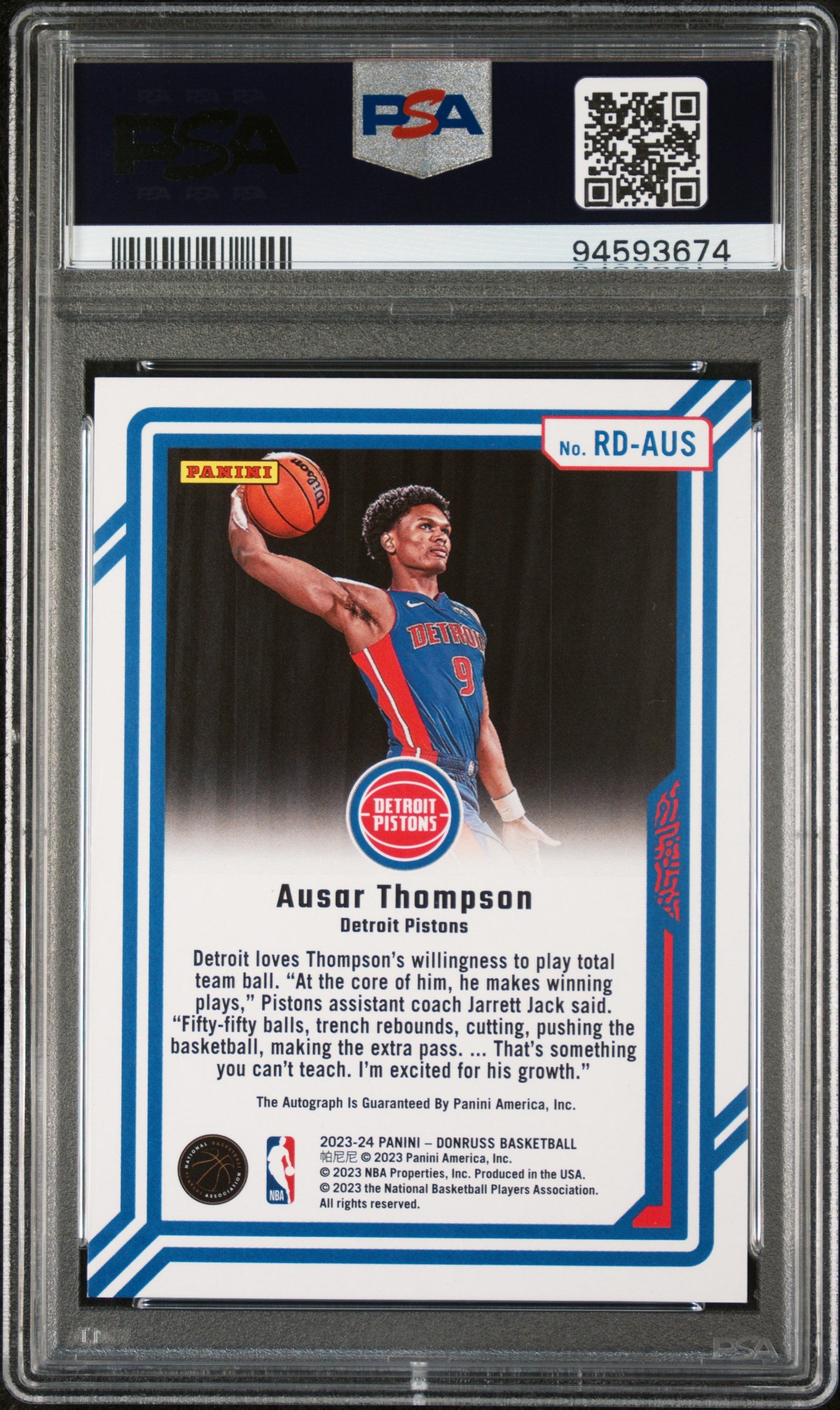 Ausar Thompson 2023 Donruss Rookie Dominators Gold Auto #10/10 PSA 9 Mint