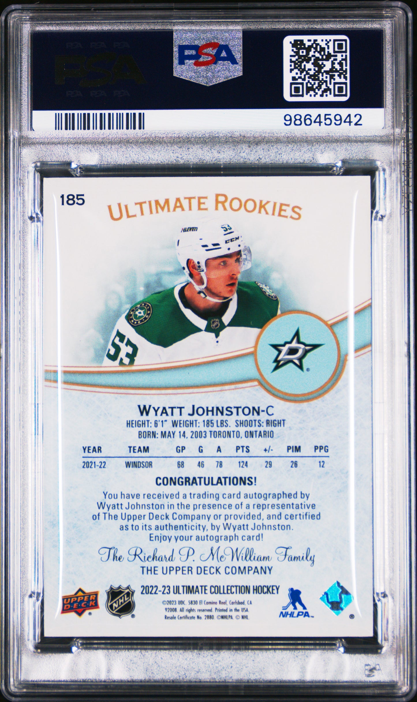 Wyatt Johnston 2022 Upper Deck Ultimate Rookie Auto #60/299 PSA 9 Mint