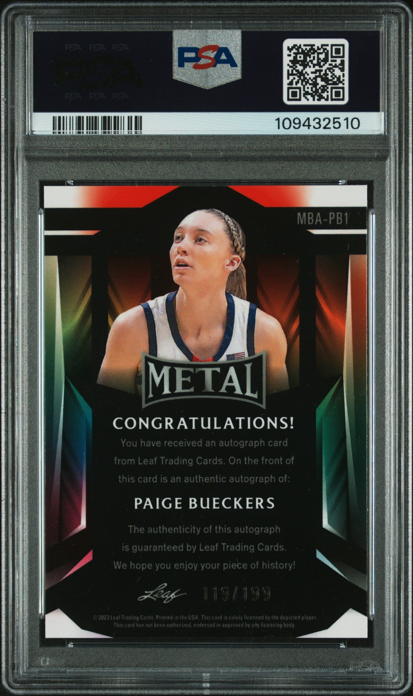 Paige Bueckers 2023 Leaf Web Exclusives Red PRismatic Auto #119/199 PSA 9 Auto 9