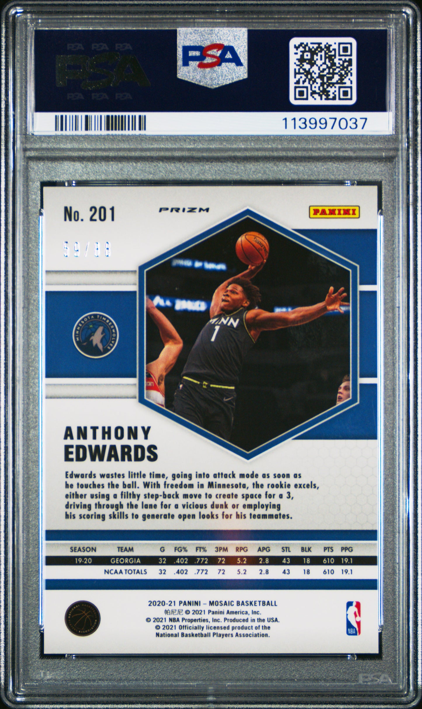 Anthony Edwards 2020 Panini Mosaic #201 Fusion Red/Yellow Choice #59/88 PSA 10 Gem Mint