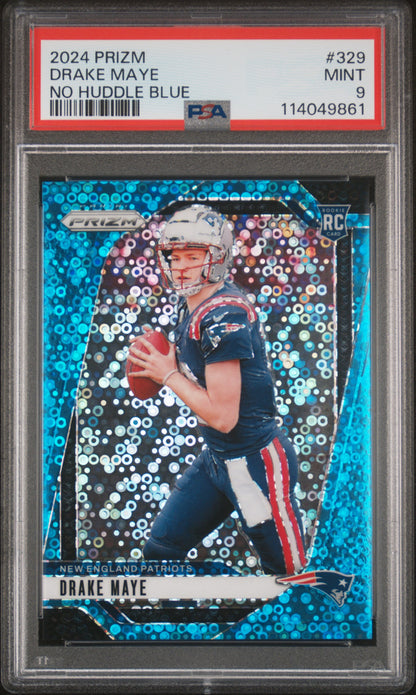Drake Maye 2024 Panini Prizm Rookie #329 No Huddle Blue #62/99 PSA 9 Mint