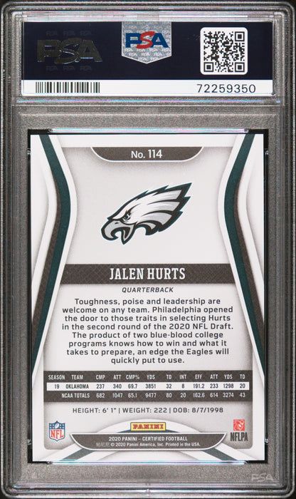 Jalen Hurts 2020 Panini Certified #114 Mirror Orange #12/199 PSA 10 Gem Mint