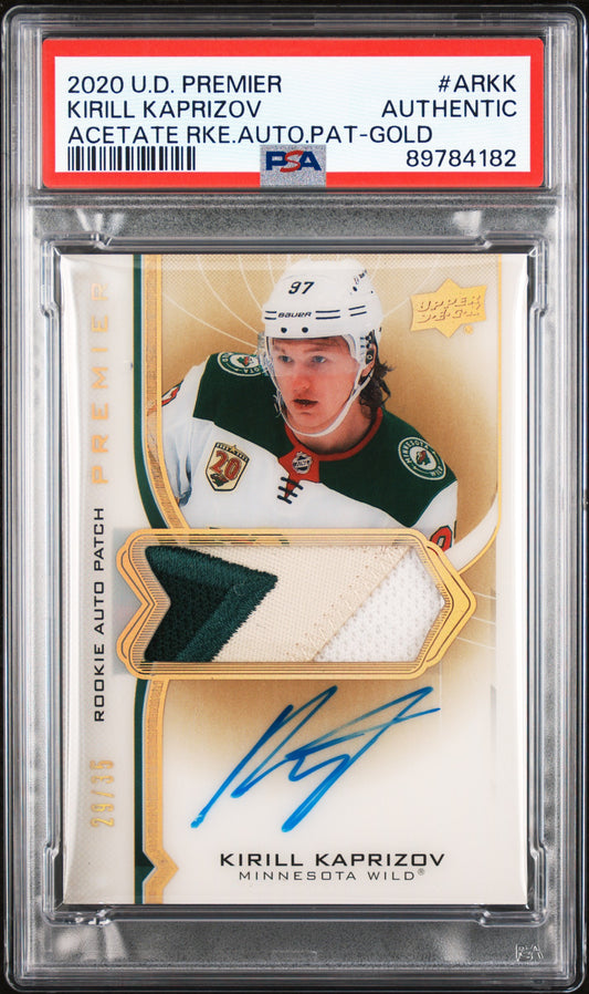 Kirill Kaprizov 2020 Upper Deck Premier Acetate Rookie PAtch Auto Gold #29/35 PSA Auth