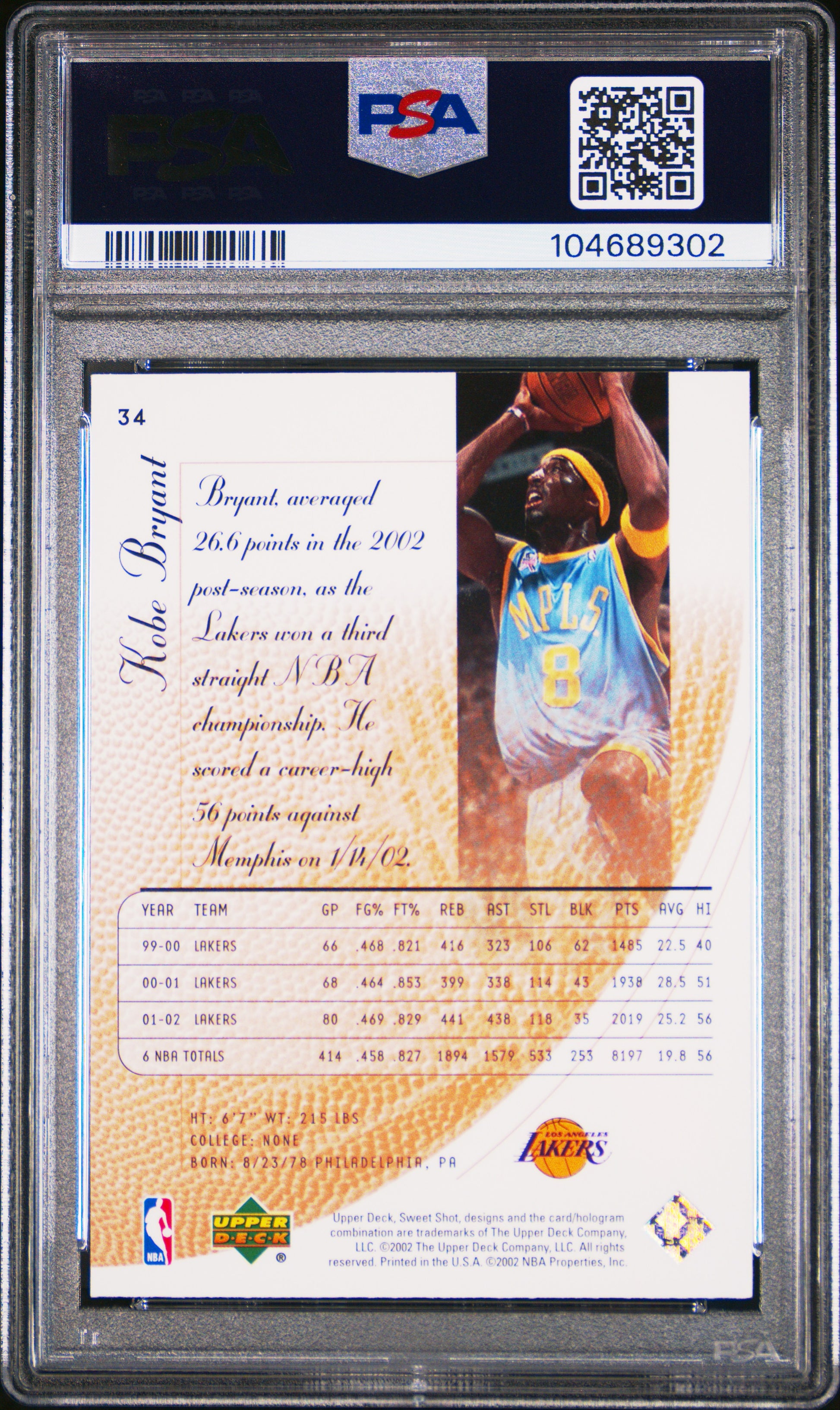 Kobe Bryant 2002 Upper Deck Sweet Spot #34 PSA 10 Gem Miont 9302