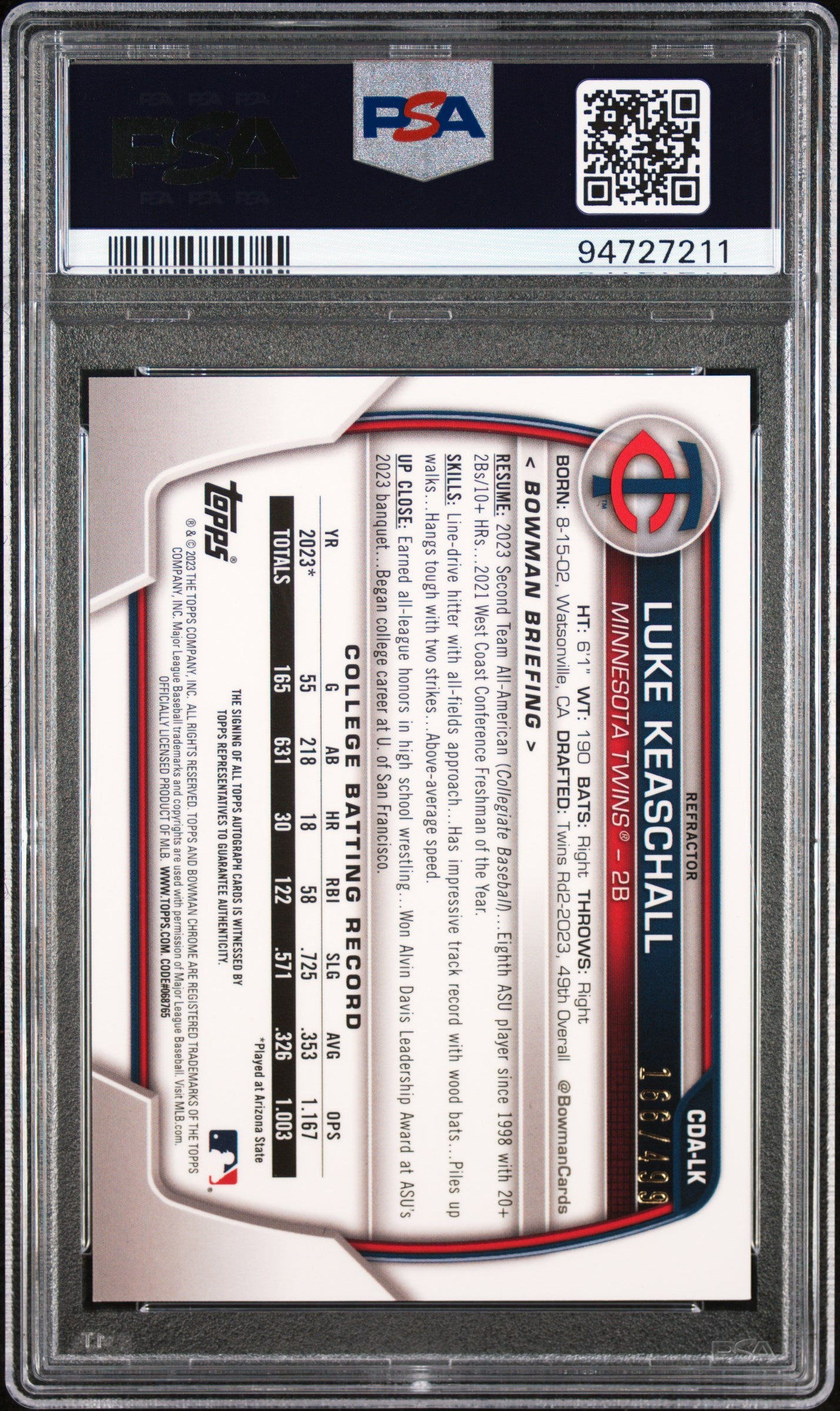 Luke Keaschall 2023 Bowman Chrome Draft Refractor Auto #166/499 PSA 10 Gem Mint
