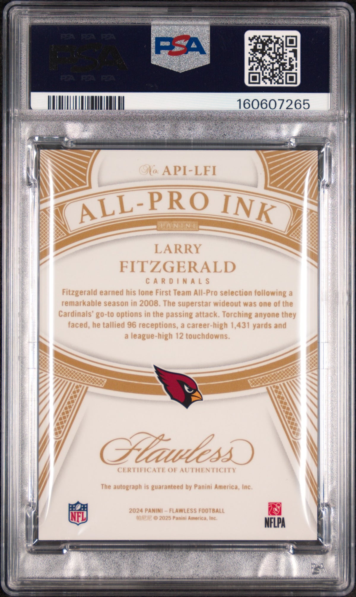 Larry Fitzgerlad 2025 Panini Flawless All-Pro Ink #14/20 PSA 8 Nm-Mint
