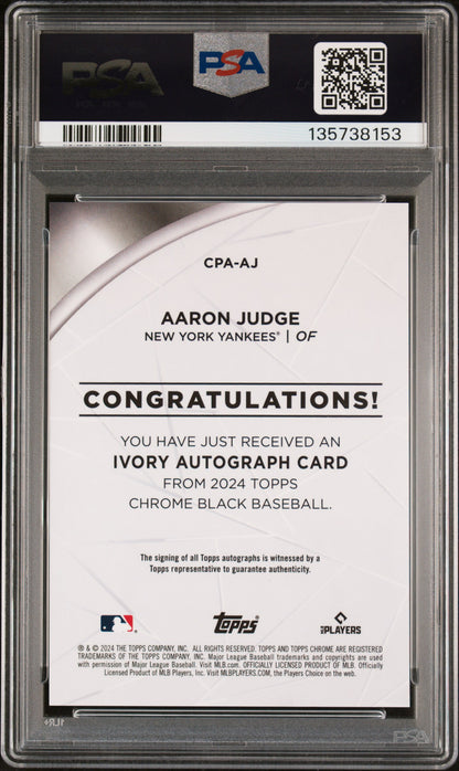 Aaron Judge 2024 Topps Chrome Black Ivory Autograph #3/75 PSA 9 Mint