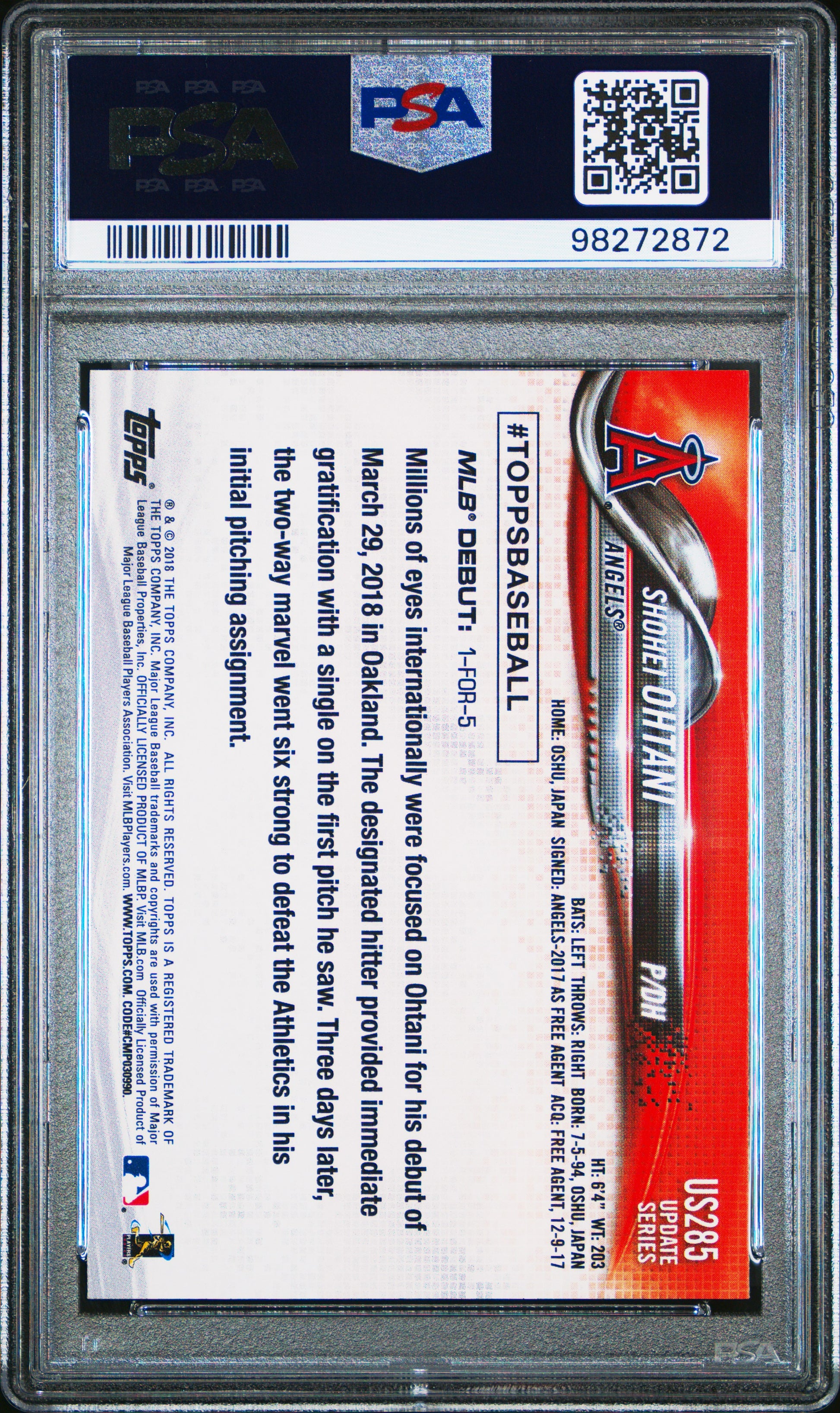 Shohei Ohtani 2018 Topps Update Rookie #US285 PSA 10 Gem Mint 2872