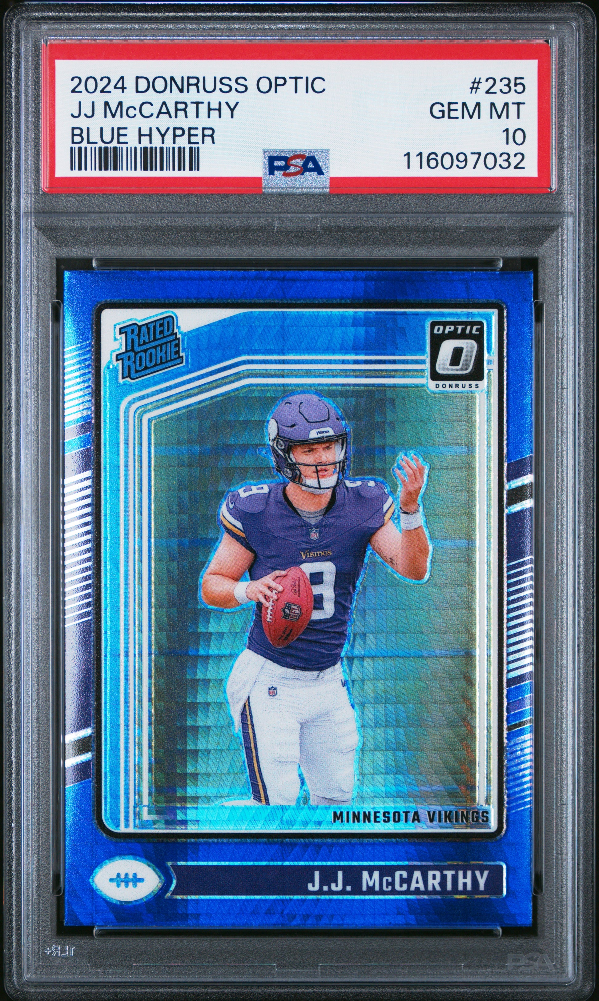 JJ McCarthy 2024 Donruss Optic Rookie #235 Blue Hyper PSA 10 Gem Mint