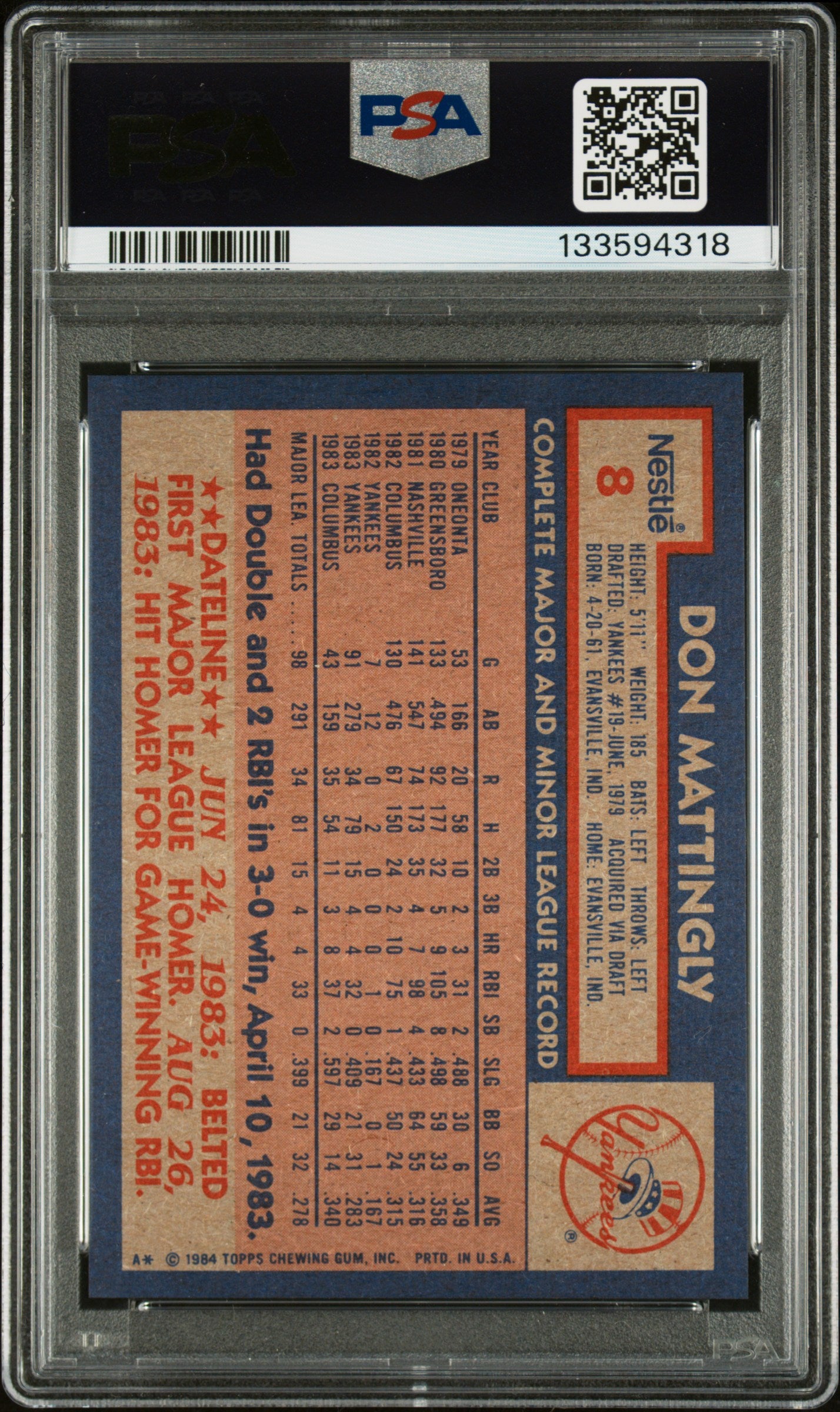 Don Mattingly 1984 Topps Nestle Rookie PSA 10 Gem Mint 4318