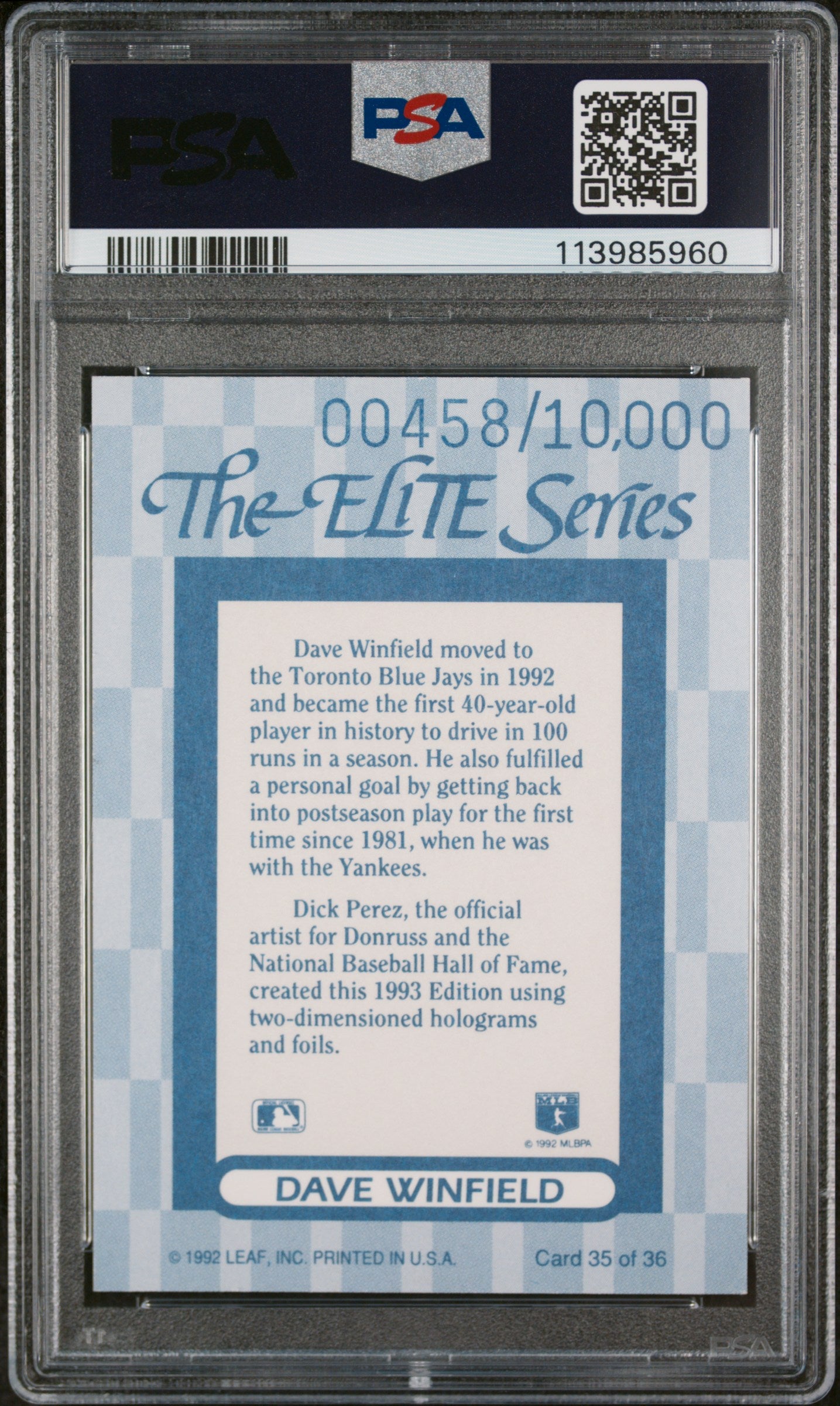 Dave Winfield 1993 Donruss Elite Series #35 #458/10000 PSA 10 Gem Mint