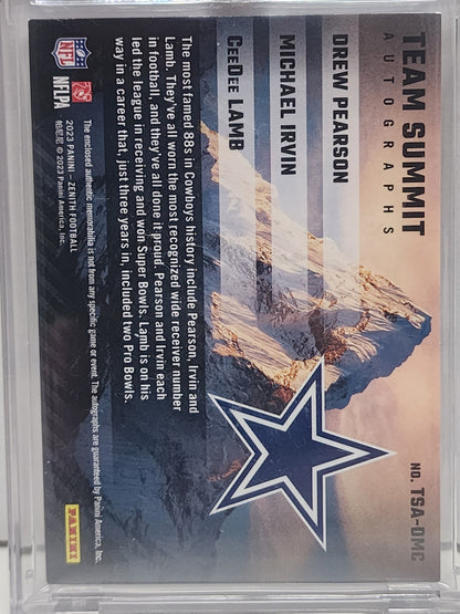 Drew Pearson + Michael Irvin + CeeDee Lamb 2023 Panini Zenith Triple Patch Auto #13/25
