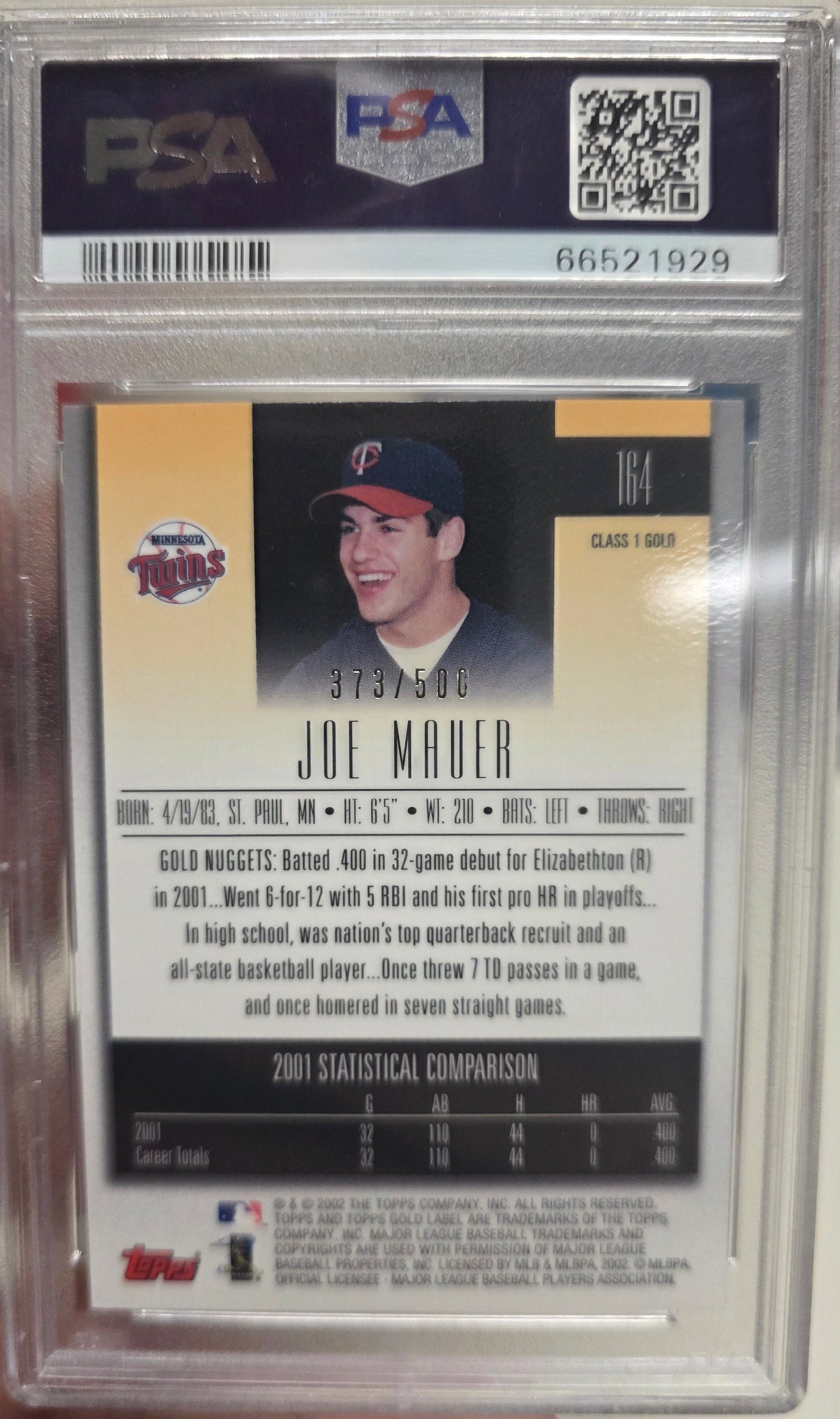Joe Mauer 2002 Topps Gold Label Rookie #164 PSA 9 Mint