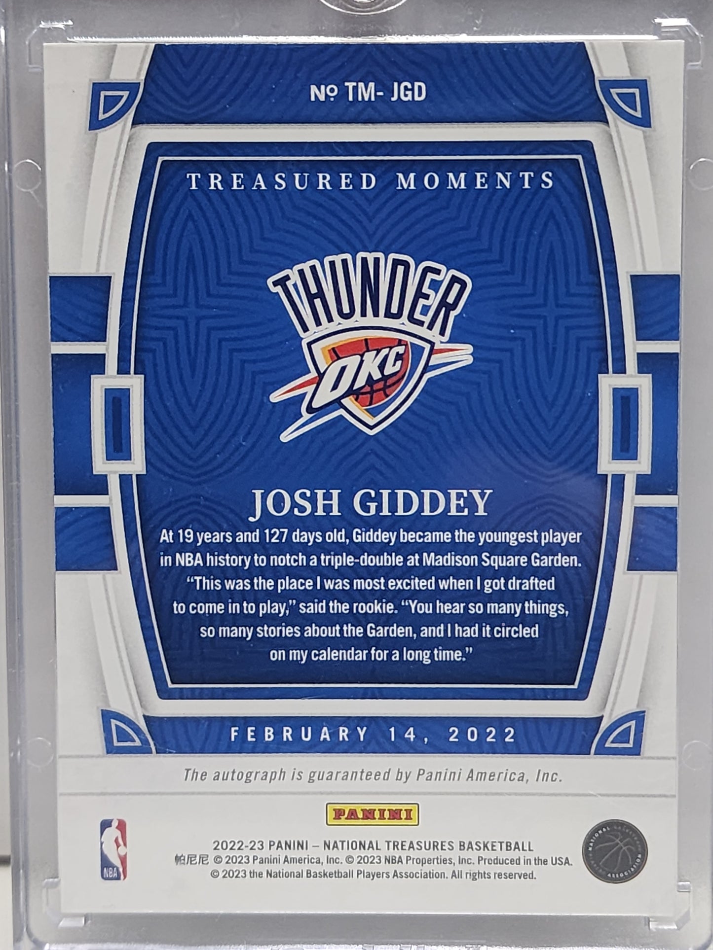 Josh Giddey 2022 Panini Natioanl Treasures Auto #74/99