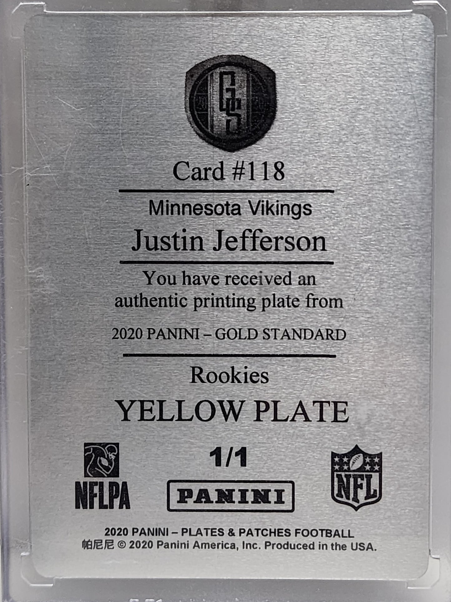 Justin Jefferson 2020 Panini Gold Standard Rookie 1/1 Yellow Printing Plate