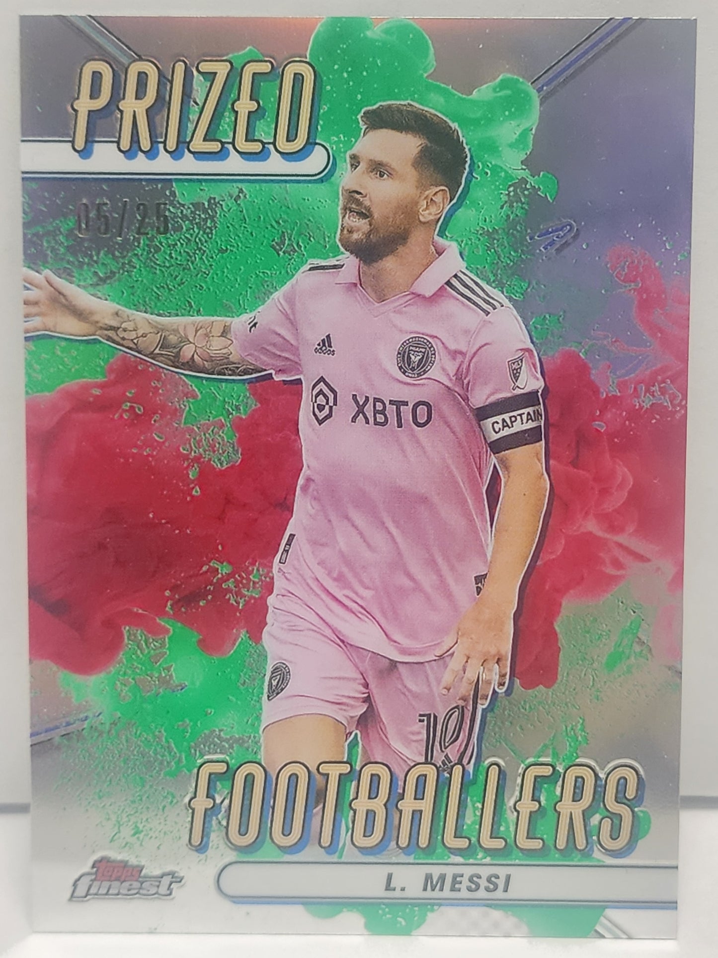 Lionel Messi 2023 Topps Finest MLS Prized Footballers Green/Red Fusion #5/25
