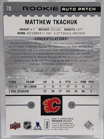 Matthew Tkachuk 2016 Upper Deck Premier Rookie Patch Auto #227/299