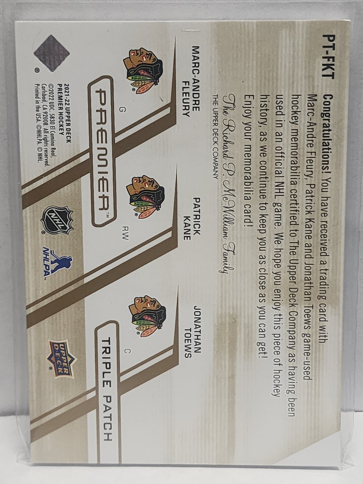 Marc-Andre Fluery + Patrick Kane + Jonathan Toews 2021 Upper Deck Premier Triple Patch #5/5