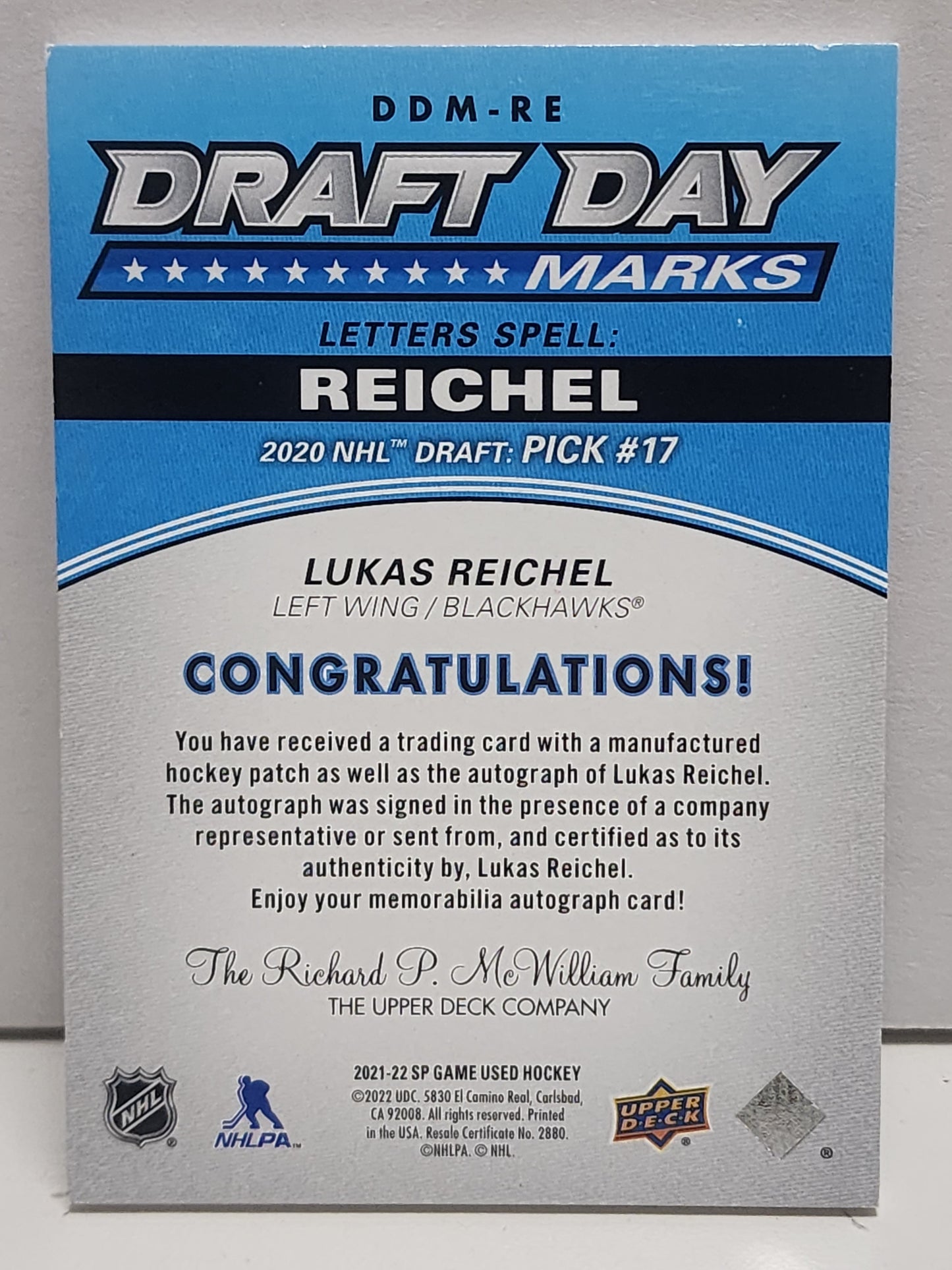 Lukas Reichel 2021 Upper Deck SP Game Used Draft Day Marks "L" Auto #1/35